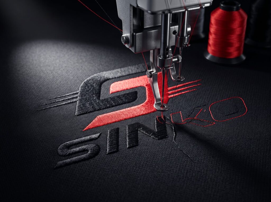Embroidery machine stitching the Sinko Sports logo